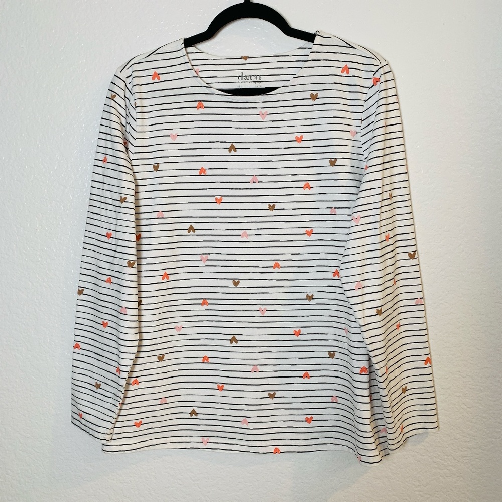 Denim & Co. White Heart Print Long-Sleeve Top US Large Jersey Crewneck Valentine